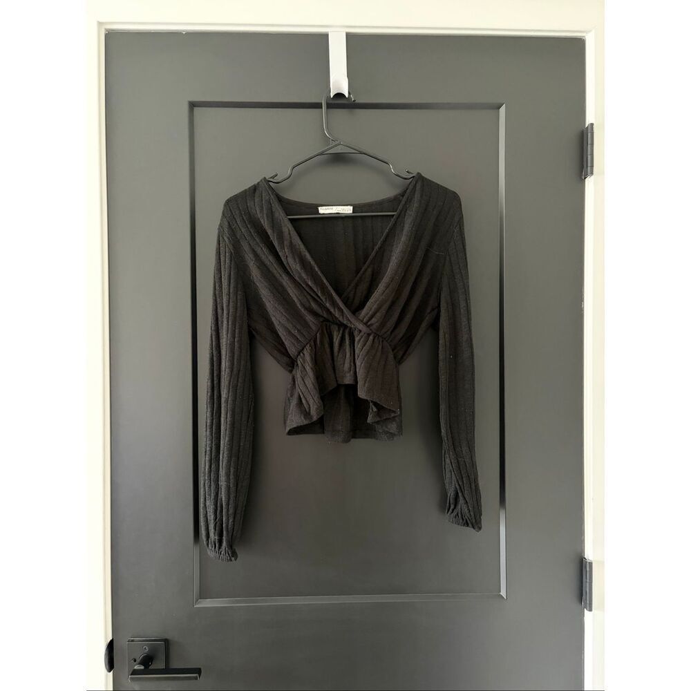 Pull & Bear Sheer Black Blouse V-Neck Crop Ruffle Size XS